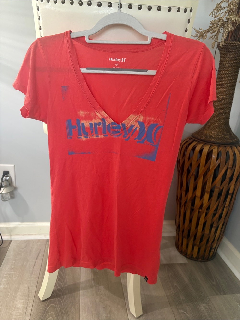 Hurley Coral V-Neck Tee with Blue Logo